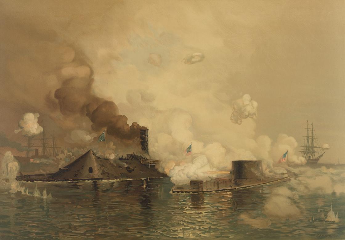 this painting depicts the hours-long engagement between the USS Monitor and the CSS Virginia at the battle of Hampton Roads.