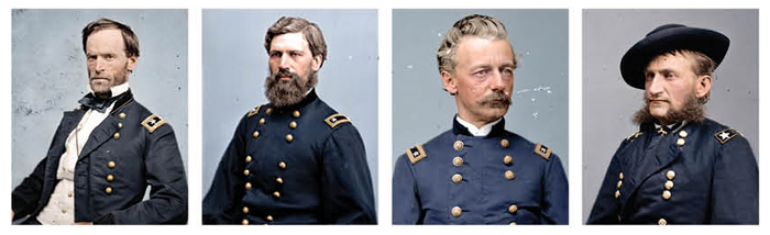 This image entails portraits of Union Maj. Gens. Sherman, O.O. Howard, Henry Slocum, and cavalry commander Brig. Gen. Judson Kilpatrick. 