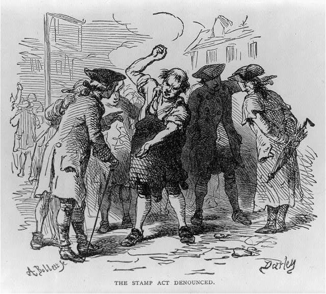 This print offers an illustration of Bostonians protesting the Stamp Act of 1765. 
