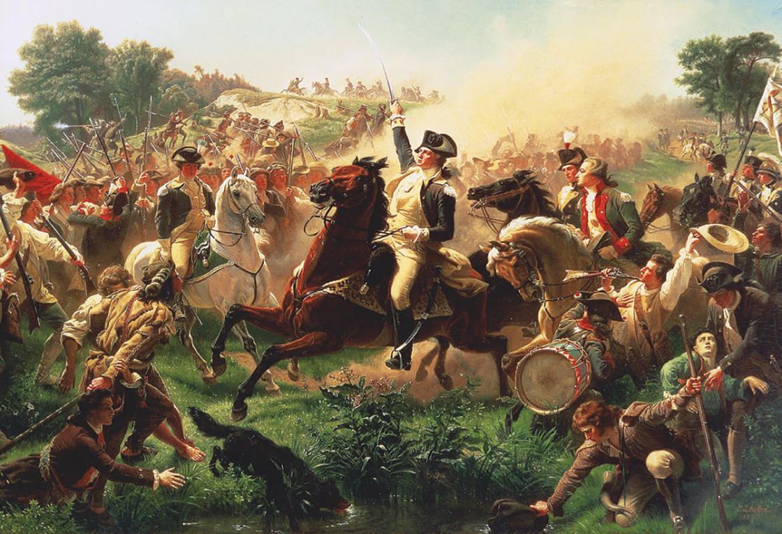 This is a painting of Washington commanding his troops via horseback at Monmouth. 