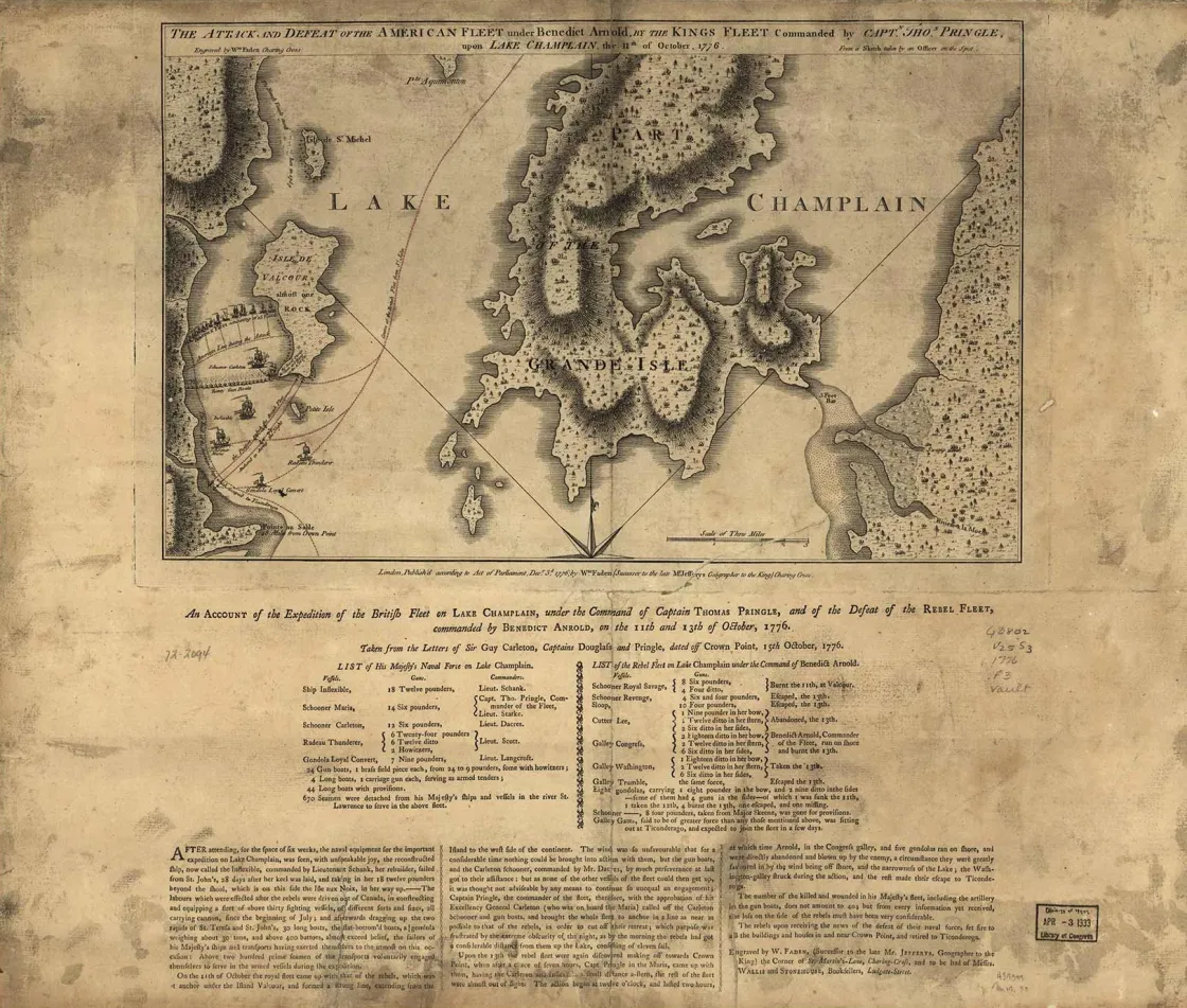 1776 map showing the positions and movements of British and American vessels during the Battle of Valcour Island on Lake Champlain.