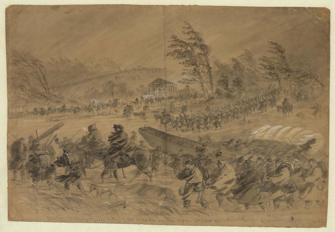 Alfred Waud's sketch of the Army of the Potomac's doomed winter campaign across the Rappahannock River – known as the Mud March.