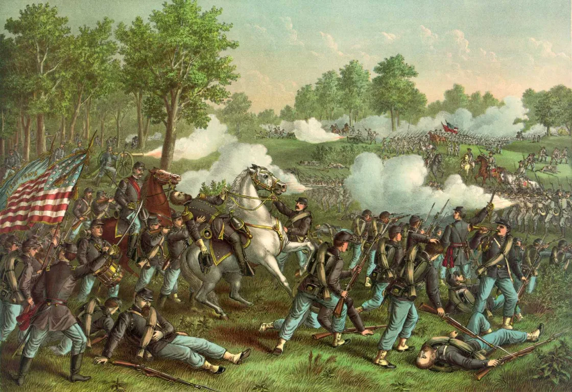Colorful historical lithograph depicting the Battle of Wilson's Creek on August 10, 1861. Union and Confederate infantry clash across an open battlefield amid smoke, artillery fire, and mounted officers directing troops, with General Nathaniel Lyon prominently leading the Union attack.