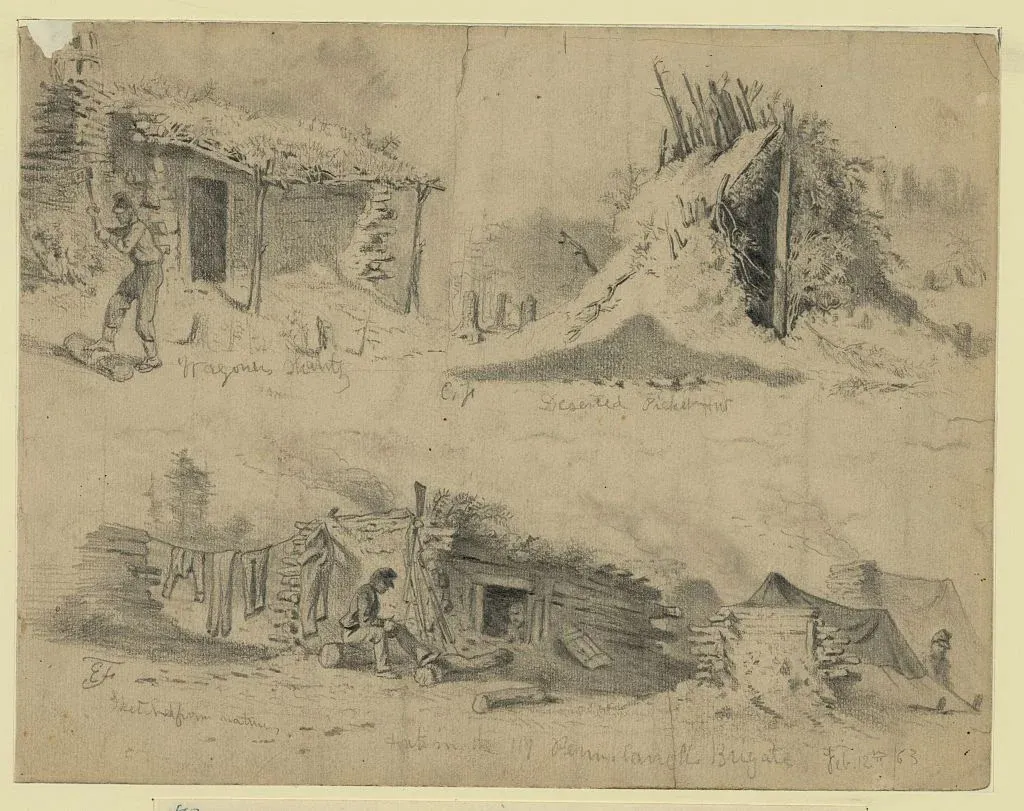 A sketch of "Soldiers' huts in winter camp," drawn by Edwin Forbes
