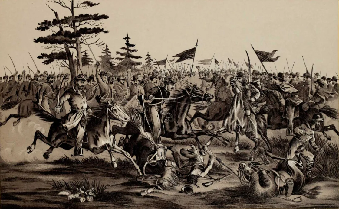 Union and Confederate cavalrymen engage in close combat during the Battle of Yellow Tavern as mounted officers lead charges amid smoke, raised sabers, and galloping horses outside Richmond, Virginia.