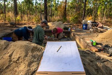 The team works carefully to excavate remains at Camden Battlefield.