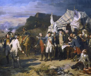 Historical painting depicting George Washington and allied French commanders, including the Comte de Rochambeau and Marquis de Lafayette, during the 1781 Siege of Yorktown.
