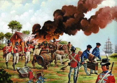Modern historical painting depicting British warships and landing forces conducting raids along the Chesapeake Bay during the War of 1812, with smoke, naval vessels, and shoreline combat illustrating the campaign.