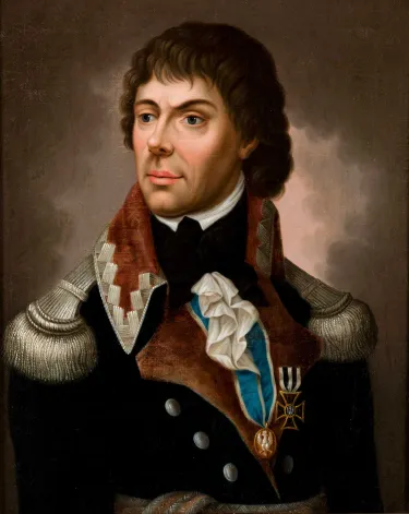 Oil painting of a man in military uniform. 