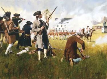 Young colonial militiamen exchange fire against British redcoats at sunrise in this painting.
