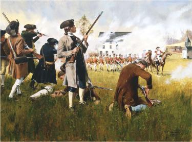 Young colonial militiamen exchange fire against British redcoats at sunrise in this painting.