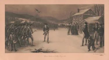 Historical print depicting Baron Friedrich von Steuben instructing Continental Army soldiers at Valley Forge as George Washington observes.