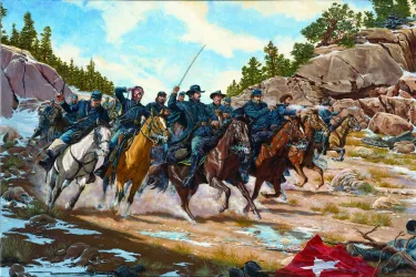Historical painting depicting Union and Confederate forces engaged at Apache Canyon during the Battle of Glorieta Pass in New Mexico Territory.