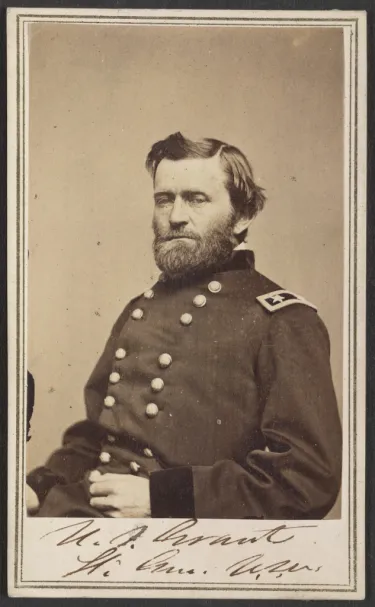 Carte de visite portrait of Union General Ulysses S. Grant in military uniform, seated and facing slightly toward the camera.