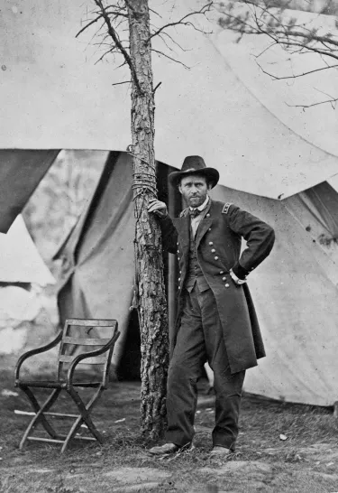 Photograph of General Ulysses S. Grant standing outside his headquarters at Cold Harbor, Virginia, during the Civil War.