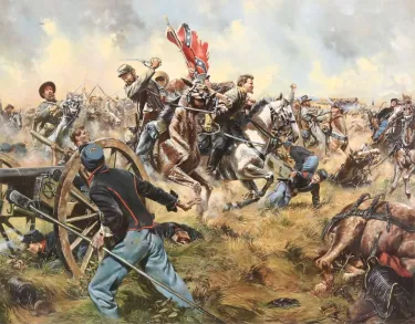 The Gray Comanches by Don Troiani depicts Confederate cavalry in action during the Battle of Brandy Station on June 9, 1863.