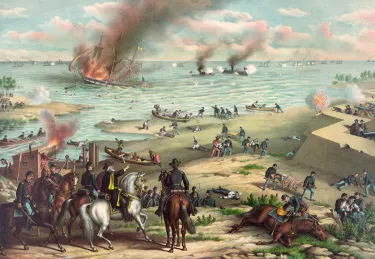 Colorful nineteenth-century chromolithograph depicting the ironclads USS Monitor and CSS Virginia