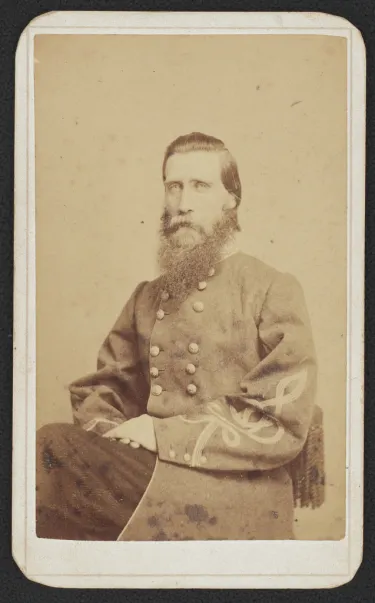 Carte de visite portrait of Confederate General John Bell Hood in military uniform, photographed by J. A. Sheldon in New Orleans during the Civil War.