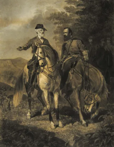 Confederate Generals Robert E. Lee and Stonewall Jackson sit mounted on horseback in a wooded landscape during their final meeting before the Battle of Chancellorsville as officers and soldiers gather in the background.