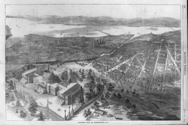 Historical illustration showing a bird's-eye view of Washington, D.C., as seen from a balloon during the early months of the Civil War.