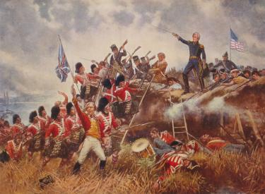 Painting of the Battle of New Orleans shows Andrew Jackson standing in front of American flag with sword raised.