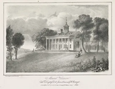 1832 lithograph showing George Washington’s Mount Vernon estate overlooking the Potomac River in Virginia.