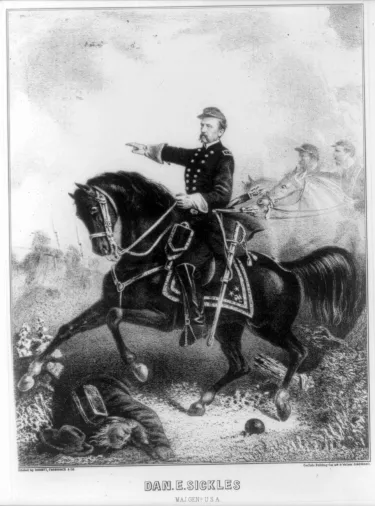 Lithograph depicting Union Maj. Gen. Daniel E. Sickles on horseback during the Civil War, gesturing with his right arm as soldiers advance in the background.