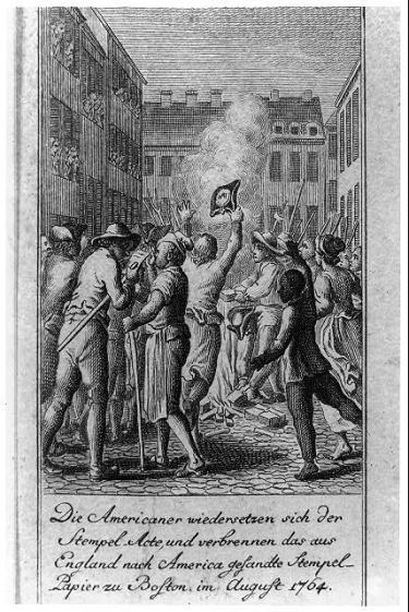 This is a sketch of citizens in Boston burning British proclamations about the Stamp Act of 1765.
