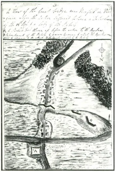 This is a sketch depicting a view of the Great bridge near Norfolk in Virginia.