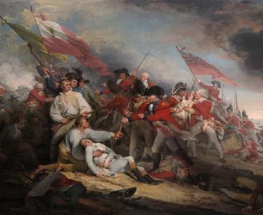 This painting depicts soldiers waving their flags at the Battle of Bunker Hill. 