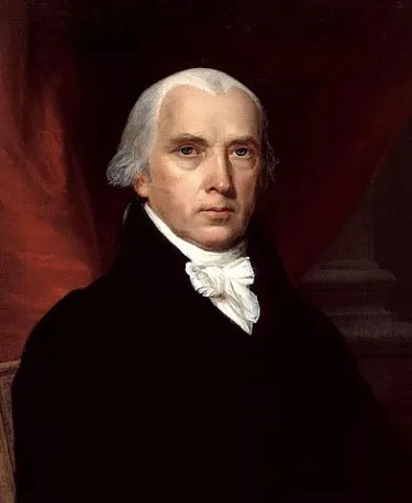 Portrait of President James Madison wearing a black coat and white cravat, seated before a red drapery with books visible in the background.