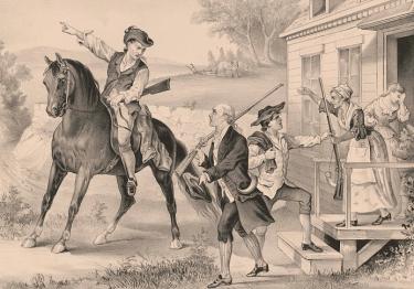 A print showing a scene featuring minute-men of the Revolution