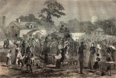 A drawing of civilians and soldiers fleeing Atlanta