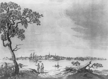 This is an 18th century illustration of the Portsmouth, New Hampshire waterside.