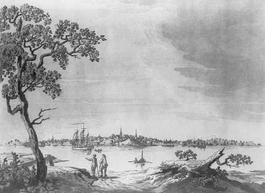 This is an 18th century illustration of the Portsmouth, New Hampshire waterside.
