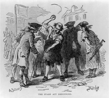 This print offers an illustration of Bostonians protesting the Stamp Act of 1765.