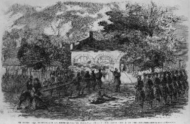 This is a sketch of troops lining up outside the Engine House. 