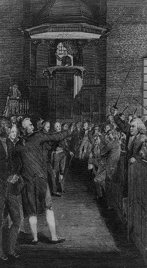 This sketch depicts a town meeting being held in a church.
