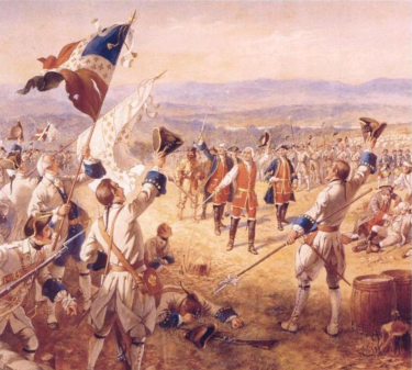 A painting of the victorious French troops at Fort Carillon