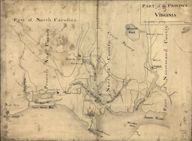 Colored manuscript map of southeastern Virginia showing Princess Anne, Norfolk and portions of Nansemond counties.